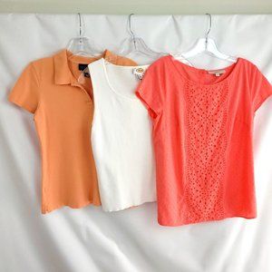 Lot of 3 Ann Taylor TALBOTS Loft Small Tops Blouse White Coral Peach Polo Eyelet